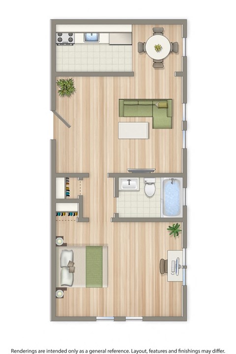 one bedroom floor plan rendering at parkside apartments in washington dc